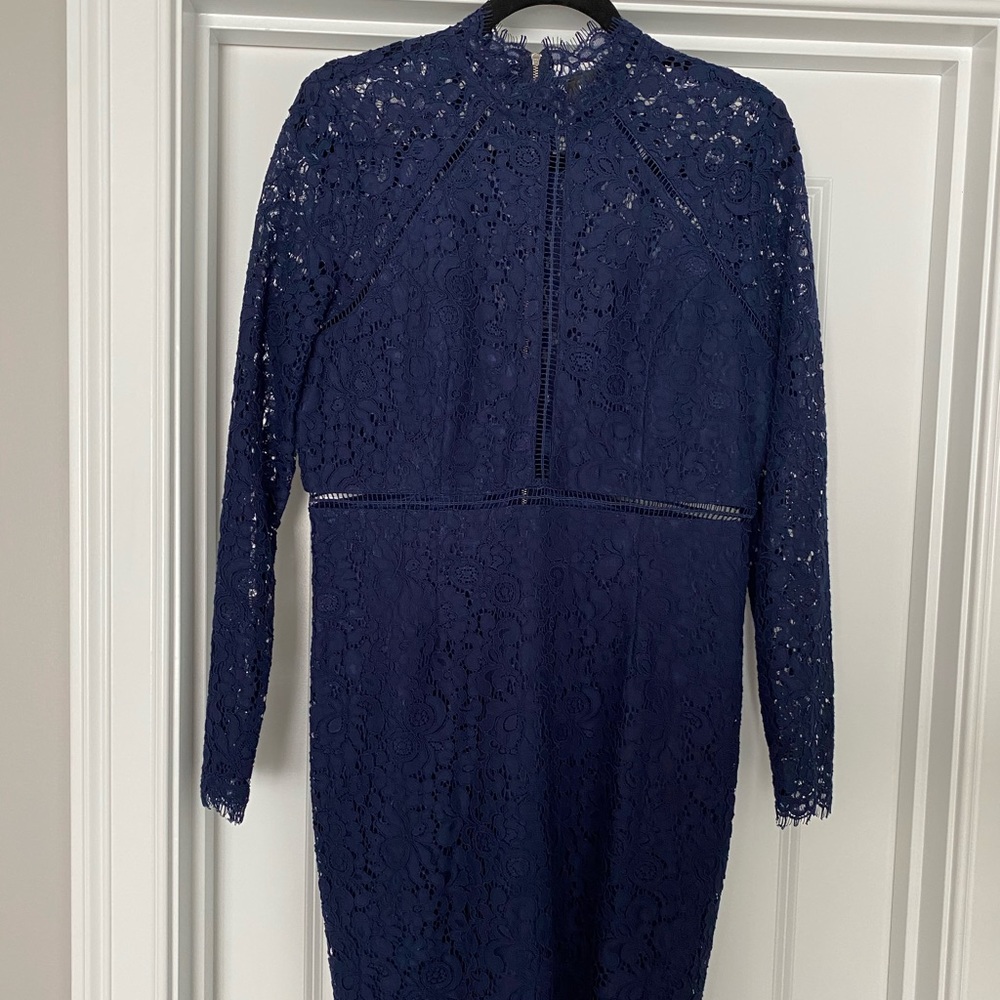 Blue lace Bardot long sleeve short dress